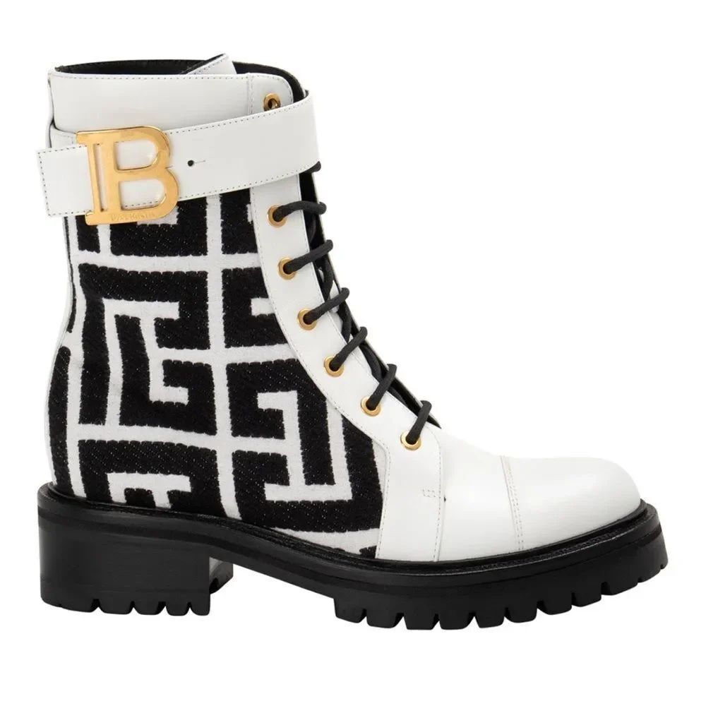 Balmain Romy Ranger ankle boots in white leather with black monogram